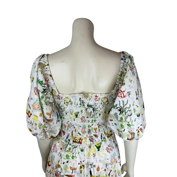 NEW Rhode Astrid Smocked Printed Dress Size L Puff Sleeve Picnic White Pleat - Picture 6 of 12